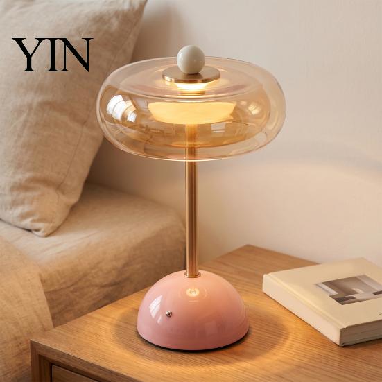 Adjustable Brightness Office Light Retro Glass Mushroom Table Lamp, USB Rechargeable Touch Control Bedside Modern Aesthetic Room Lamp 3 Colors