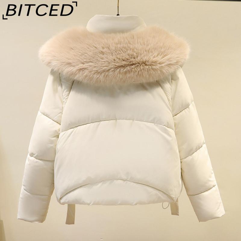 BITCED Winter Fashion Oversized Thick Cotton Coat with Stylish Large Fur Collar Down-Filled Cotton Jacket Slimming Women's Cotton Coat