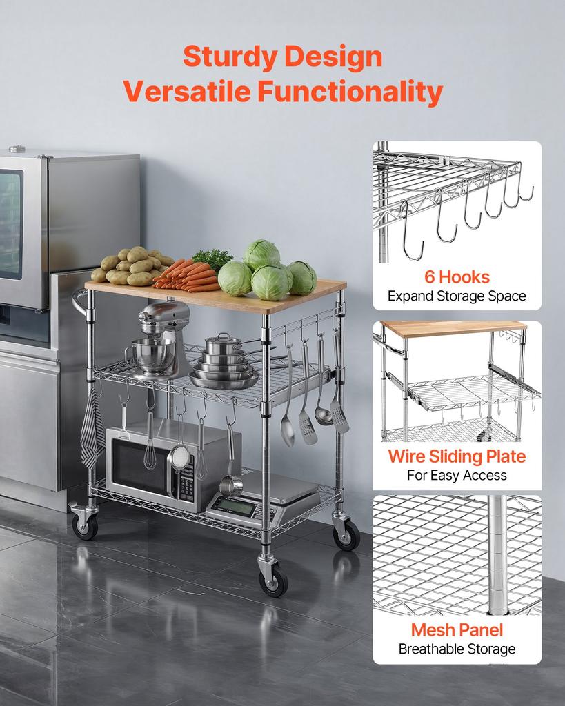 VEVOR Kitchen Utility Cart, 3 Tier Heavy Duty Adjustable Wire Storage Rack with Wood Tabletop and Handle Bar