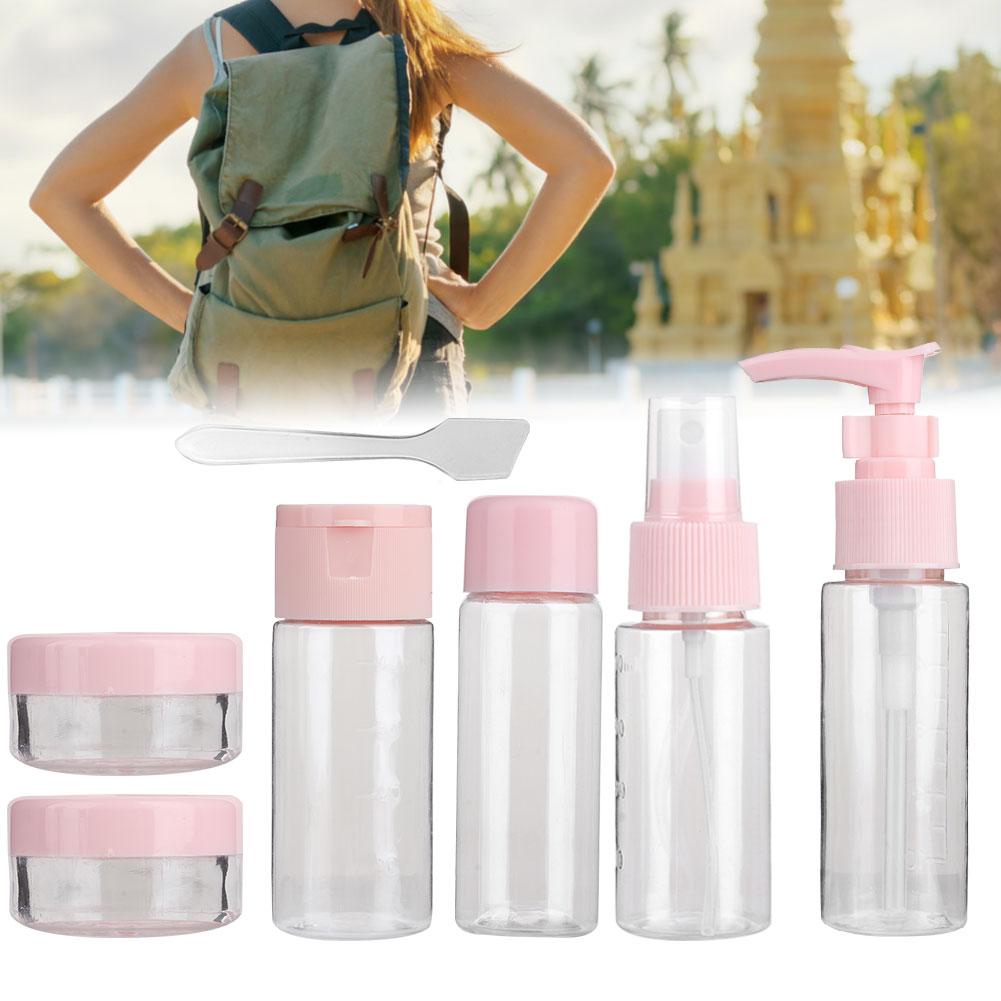 7pcs Set Portable Reusable Empty Makeup Spray Bottle Lotion Cream Container Kit (Pink)