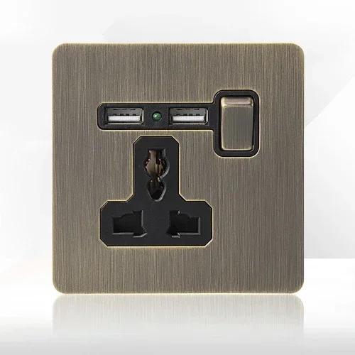 Retro Eu Metal Panel Wall Toggle Light Switch Socket,Bronzed Antique Stainless Steel German 16A Socket with USB Phone Charging