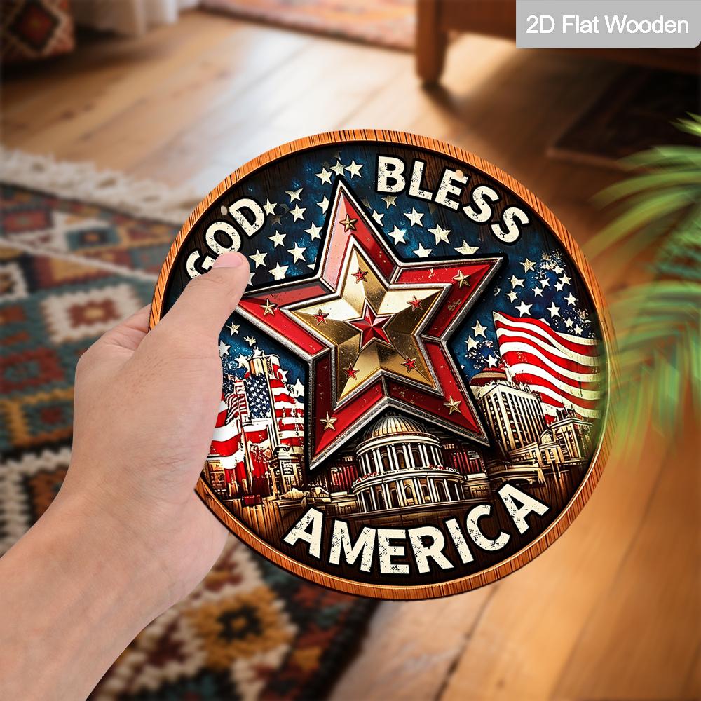 2D Flat God Bless America Patriotic Round Wooden Sign, Vintage Star & US Capitol Plaque with American Flag, 4th of July Hanging Decor for Front