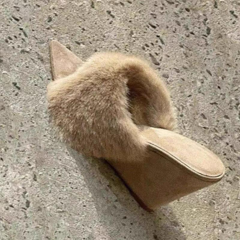 Women Slippers Winter Fluffy Slippers Fashion Pointed Toe Wedges Heel Slippers Winter Plush Warm Cotton Slipper Chaussons Femme