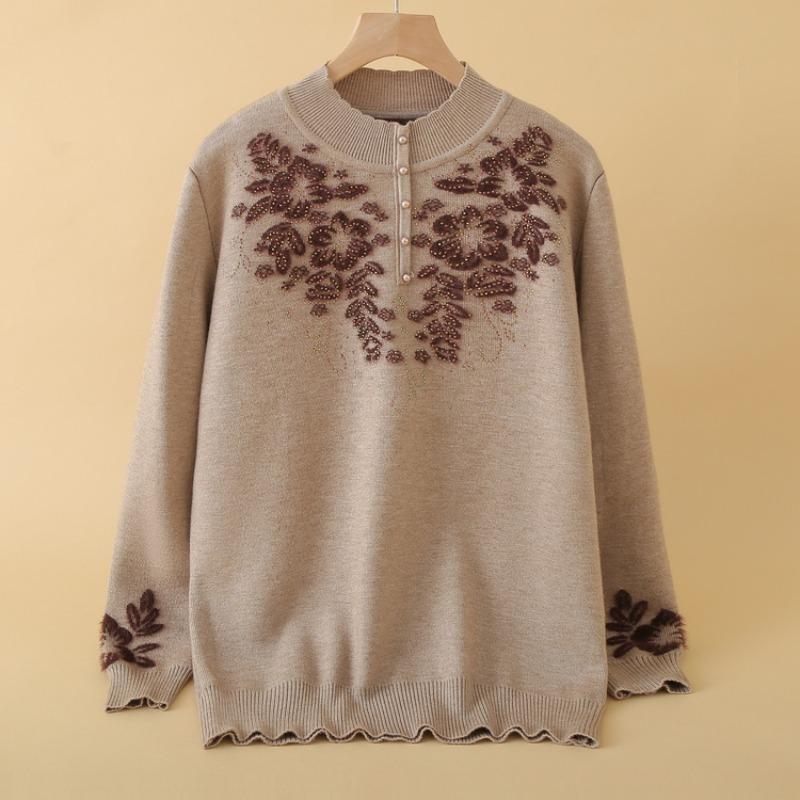Middle-aged and old fleece mother sweater thickened women's knitted sweater integrated fleece warm backing top mother-in-law clothes
