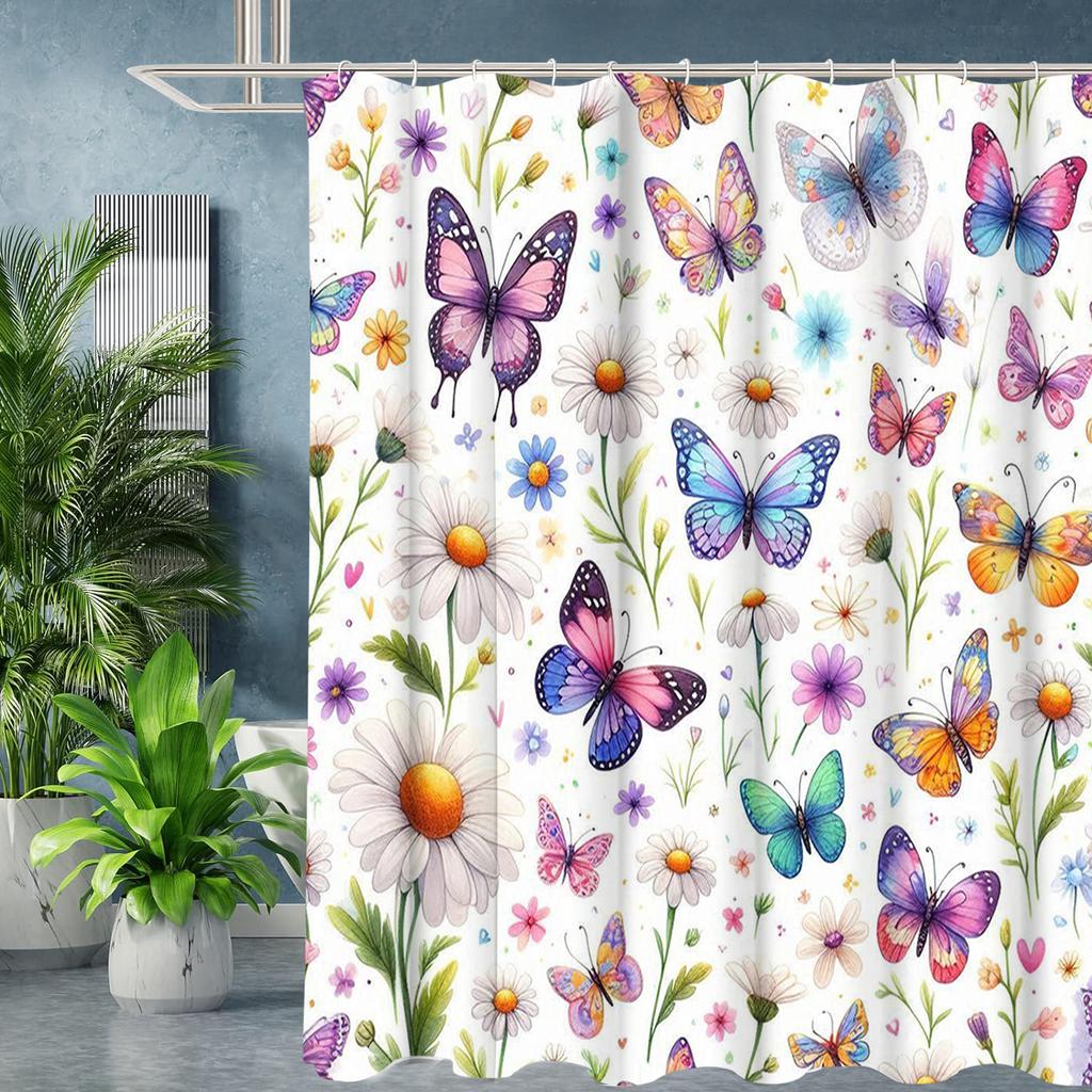 Butterfly Pattern Bathing Curtain  Bathroom Shower Curtain Waterproof With 12 Hooks Home Deco Free Ship