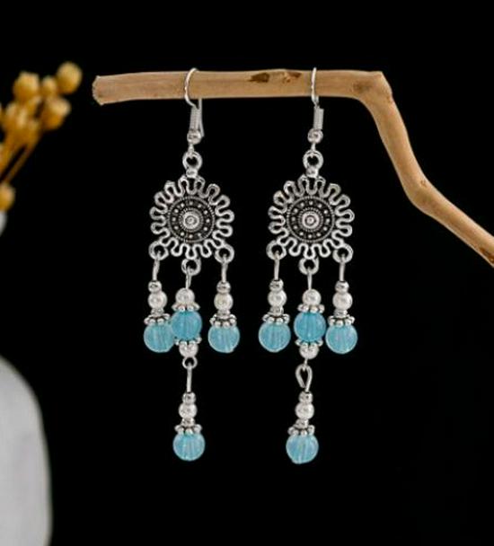 Peacock Tassel Earrings with Hollow Leaf Design in Retro Ethnic Style Imitation Silver for Women