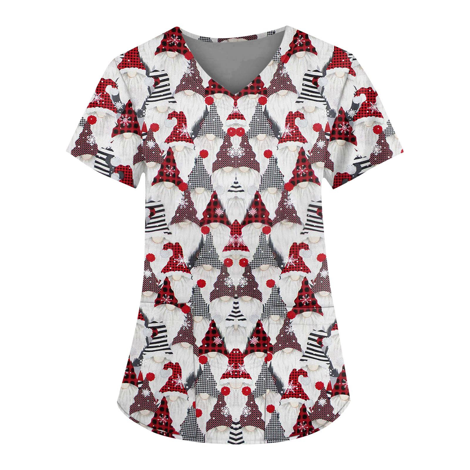 

Женская мода с v-образным вырезом, короткими рукавами и карманами, топы с рождественским принтом M