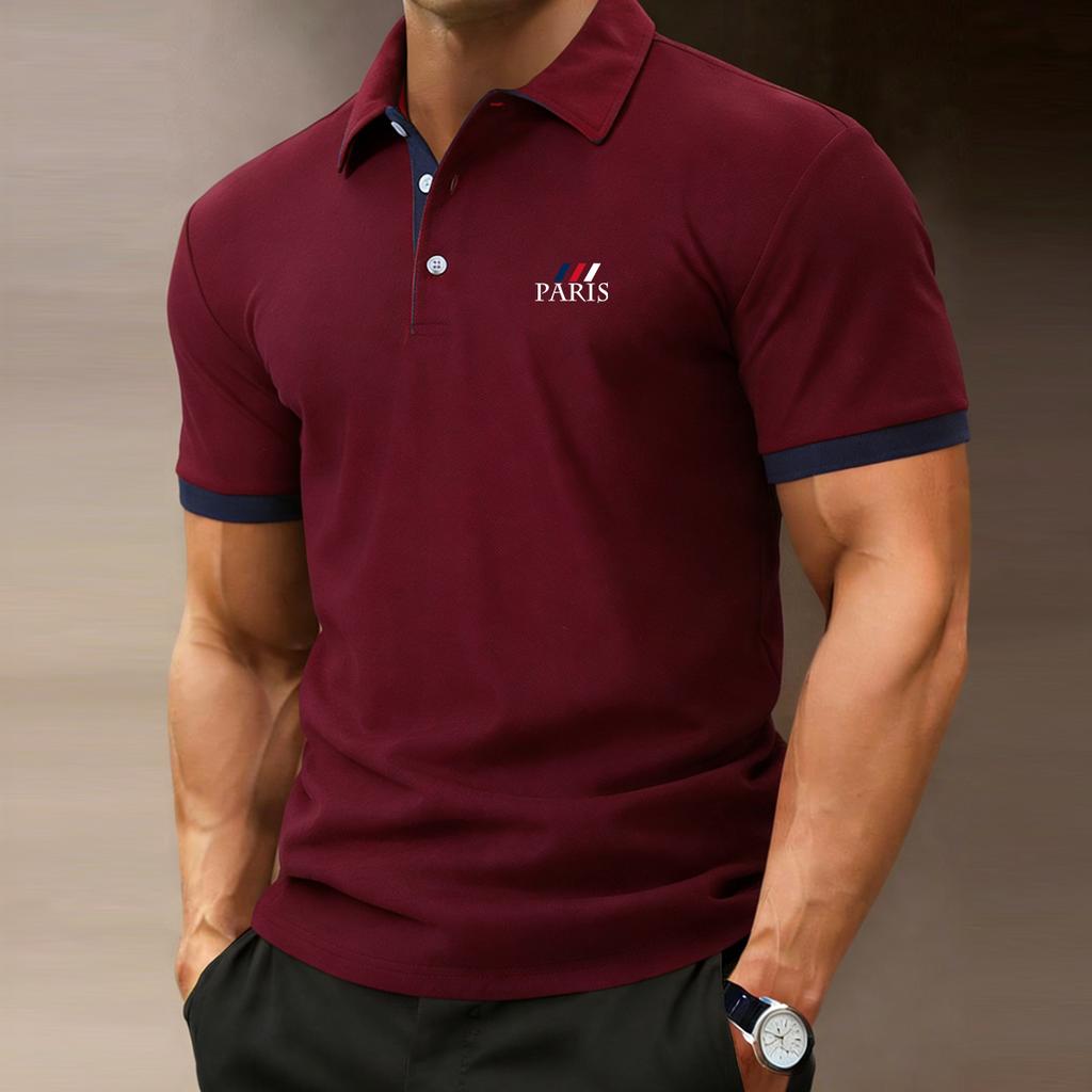 Men's Golf Polo Shirt-3button collar, color-blocked minimalist cuffs, moisture-wicking fabric, perfect for daily wear at the office