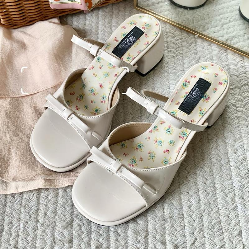 

High Heels Women Slippers Bow Chunky Heeled Shoes Dress Fashion Woman Sandals 2025 New Designer Pumps Luxury Sandalias De Mujer 40 бежевый