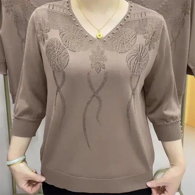 Abbigliamento Vintage Coreano da Donna Maglietta Lavorata a Maglia a Maniche 3/4 Moda Primavera Estate Scollo a V Tinta Unita Diamanti Largo Casual