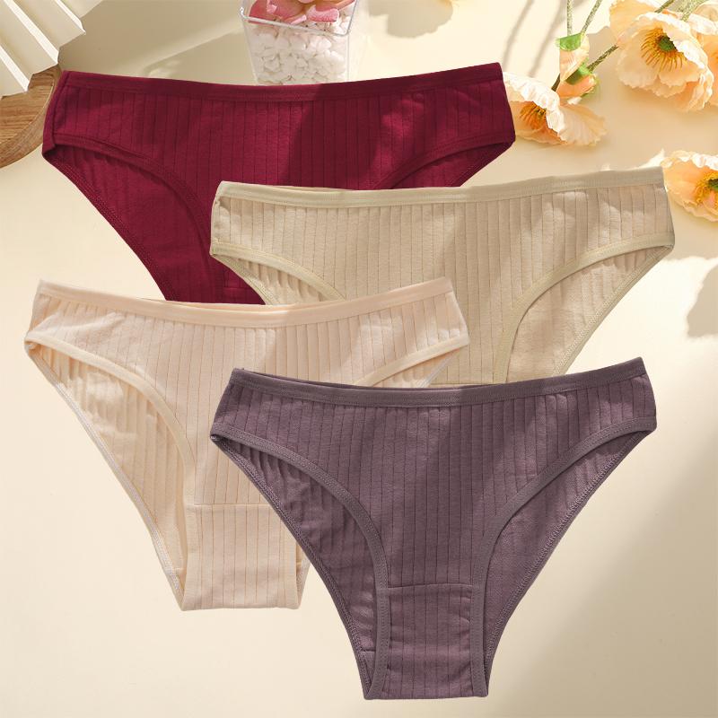 4PCS/SET Women's Cotton Panties Sexy Soft Striped Underpants Solid Color Briefs Female Comfortable Stretch Lingerie M-XL