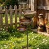 Frost Resistant Garden Stake Metal Bird Bath Rustic Vintage Rain Catcher with 3-Tiered Balcony And Feeder Bowls Outdoor Bee Watering Station