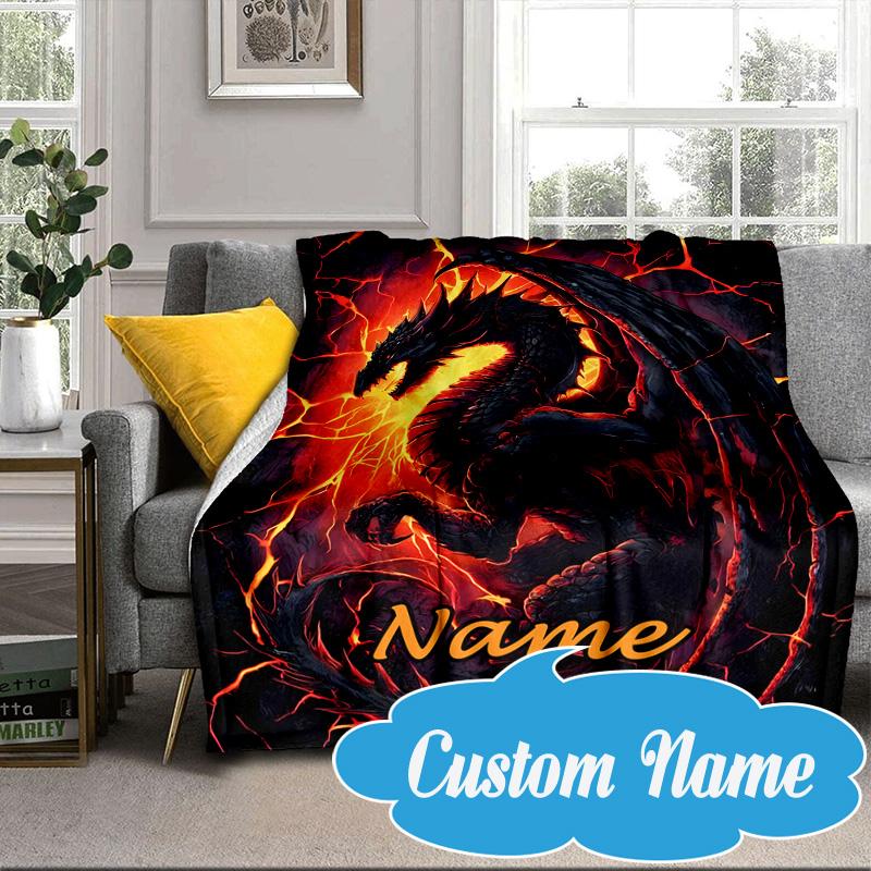 Custom Name Fiery Dragon's Majesty Blanket bed sofa Blanket Flannel Blanket for Camping, Hiking, Picnic Essentials,gift for Fan family