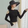Damen Schwarze Off-Shoulder Langarm Crop Tops - Herbst/Winter Baumwolle Mode T-Shirts mit hohem Kragen