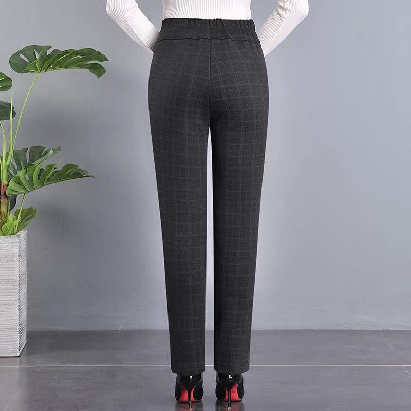 Women's Clothing Fashion Plus Fleece Plaid Pants Autumn Winter Casual Warm Elastic Waist Straight Trousers for Female