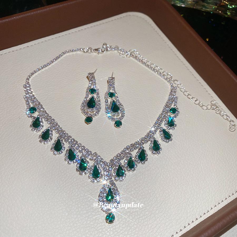 Banquet Luxury Diamond-Studded Water Drop Tassel Earrings & Clavicle Necklace for French Chic Women