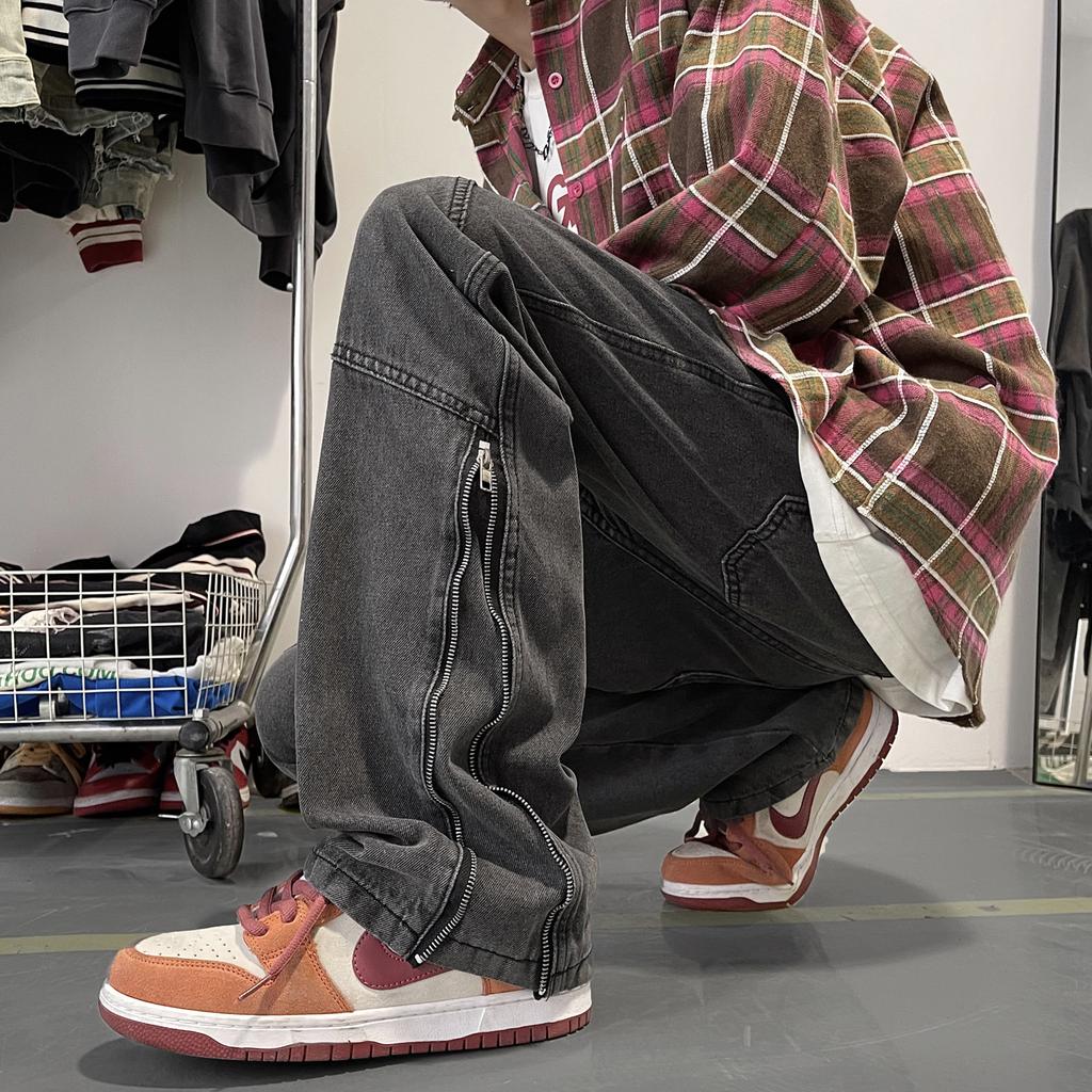 Autumn and winter American high street retro jeans zipper slit design sense thin and tall men's and women's long pants