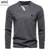 2025 Autumn New Embroidery Men's Fashion Color Cotton Solid Color Long Sleeve T-shirt V-neck Casual Men's Top T-shirt