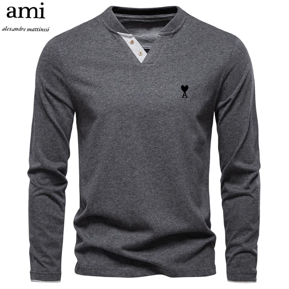 AMI 2025 Autumn New Embroidery Men's Fashion Color Cotton Solid Color Long Sleeve T-shirt V-neck Casual Men's Top T-shirt