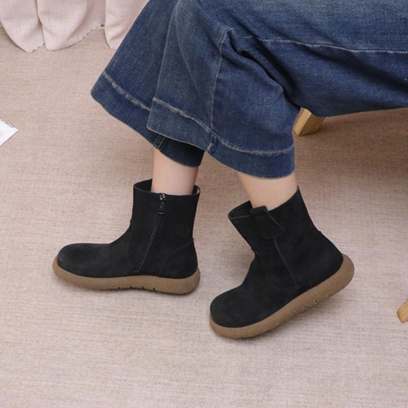 Johnature Versatile Solid Color Short Boots Retro Genuine Leather Round Toe Flat Women's Shoes