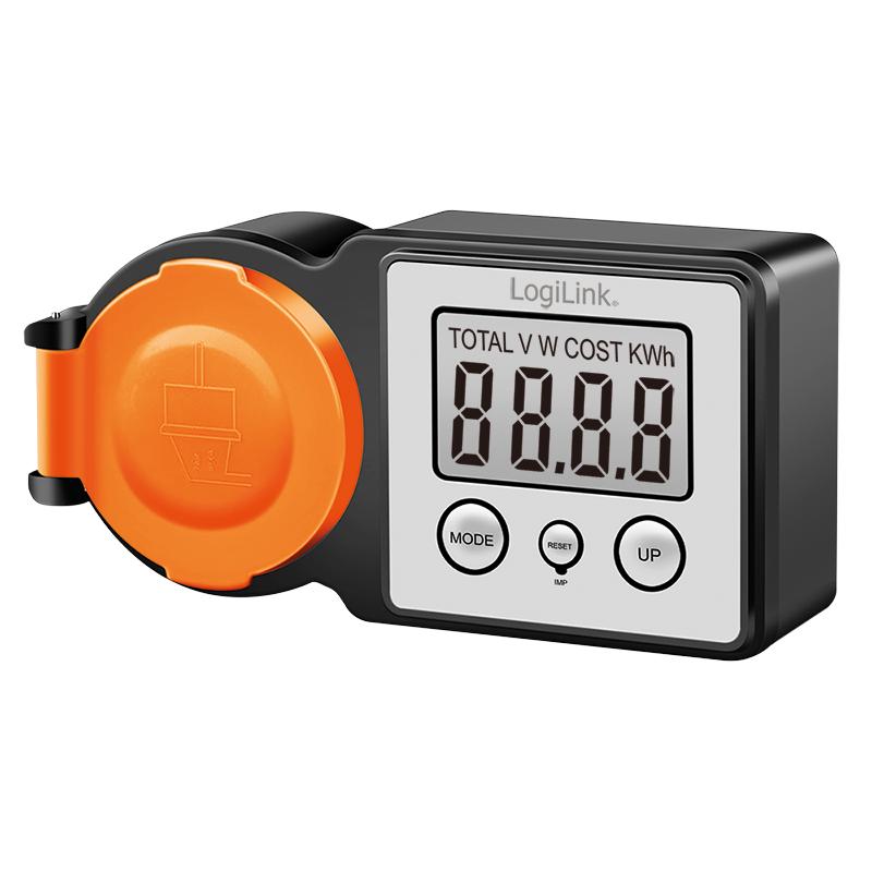 LogiLink IP44 LCD 3600 W CEE 7/3 + 7/7 Outdoor Socket with Energy Meter Black