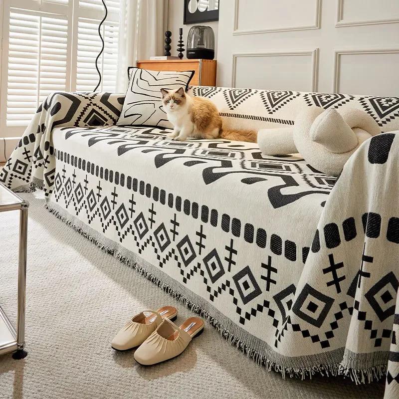 Boho Style Chenille Sofa Towel with Tassels, Double-side, for Living Room Camping Picnic Large Blanket Leisure Relax Beach Towel