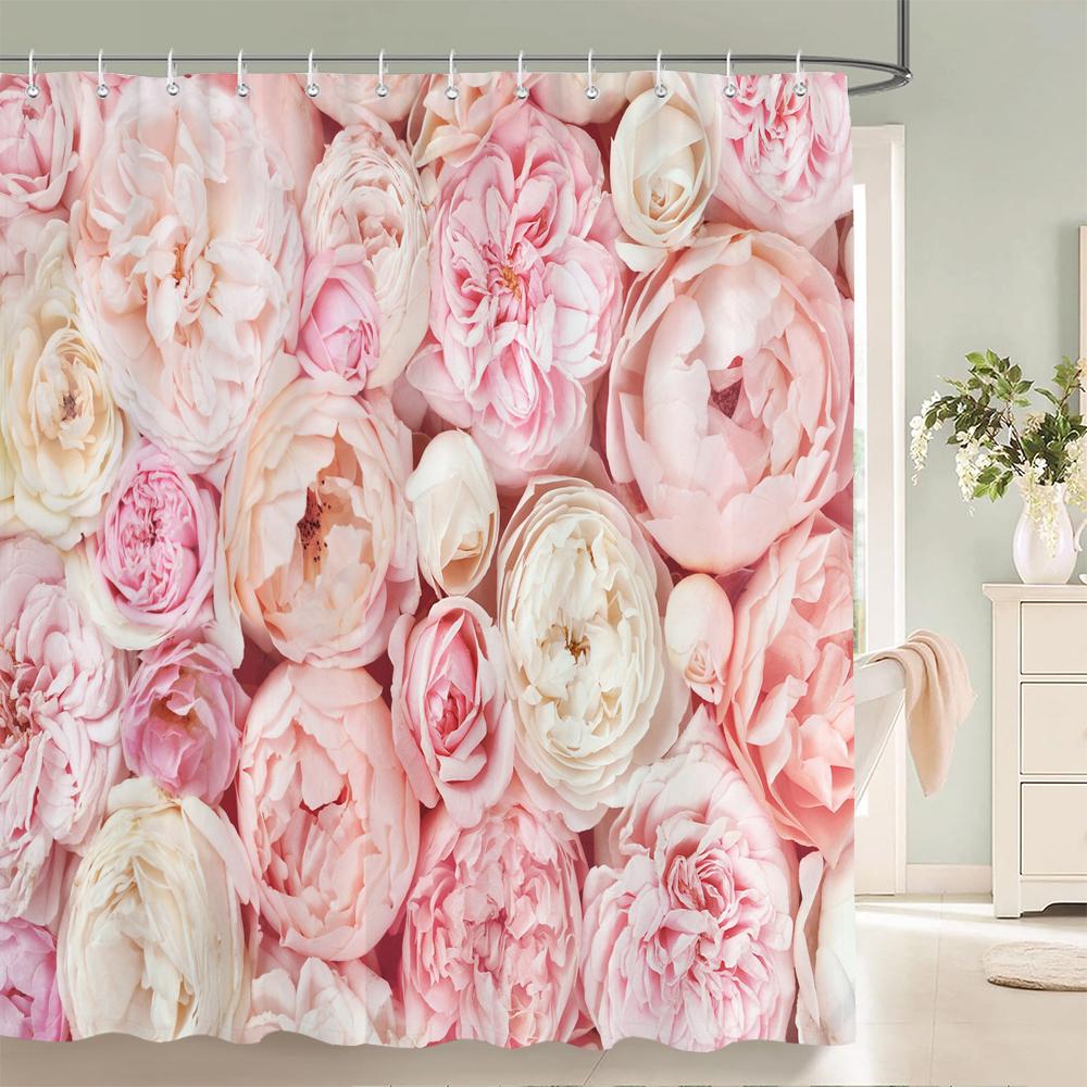 1Pcs Pink flower printing waterproof shower curtain,  Rose flowers wall bathroom decorative curtain with plastic hooks