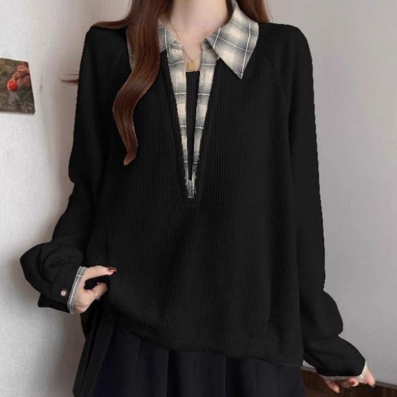 

Fake Two-piece Spliced Women s Sweatshirt Flip Collar Long Sleeved Contrasting Ladies Pullovers Autumn Fashion Versatile Woman Top S