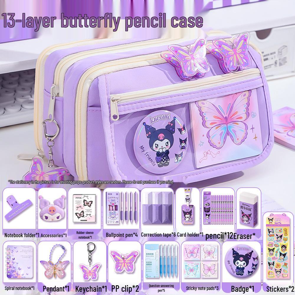 Purple Butterfly 13-Layer Large Capacity Pencil Case with Stickers - 2026 Gift Box Styled Stationery Bag