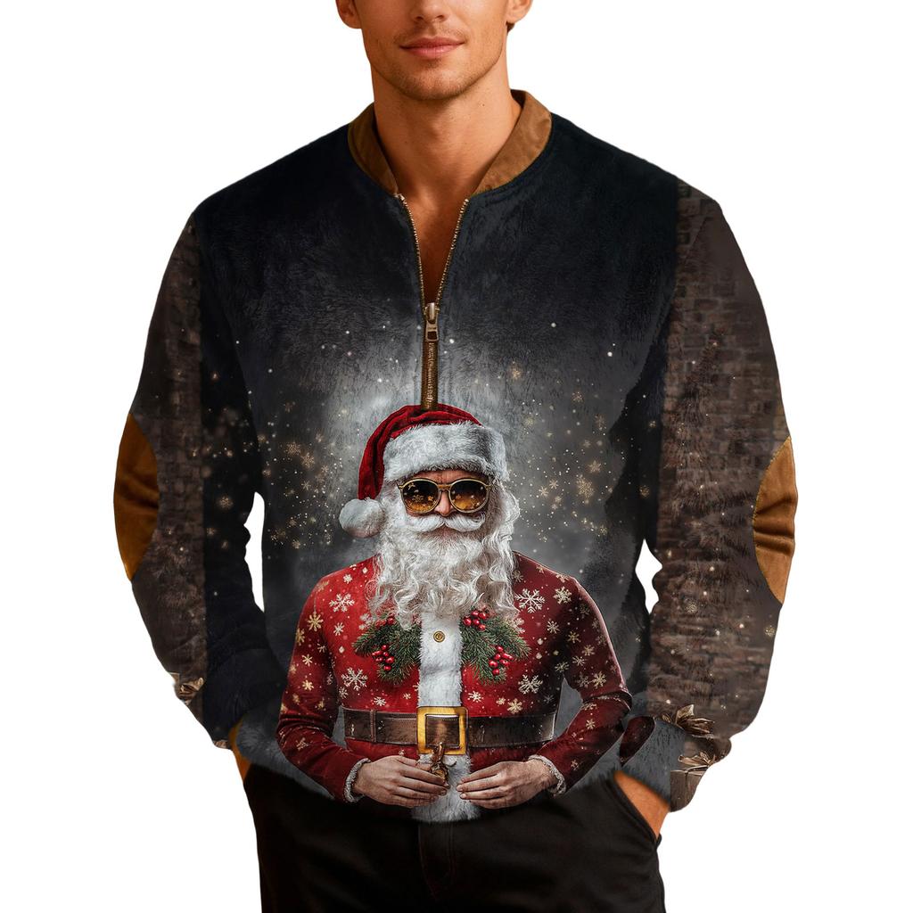 Mens Christmas Sweater Zip Up Sweatshirts Vintage Knit Graphic Sweatshirt Xmas Stand Collar Pullover