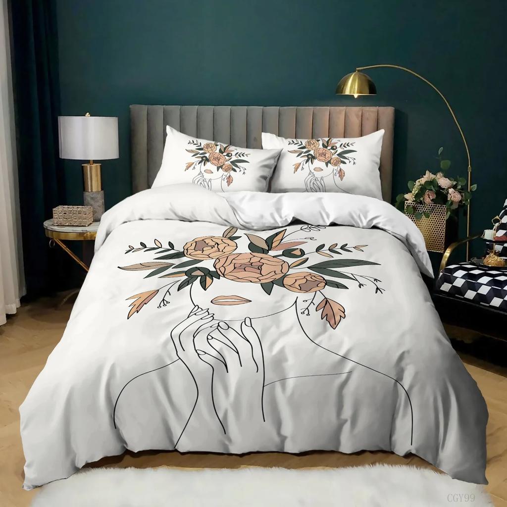 Simple Strokes Duvet Cover Set Queen Size Portrait Pattern Woman With Roses Bedding Set Polyester Abstract Style Comforter Cover