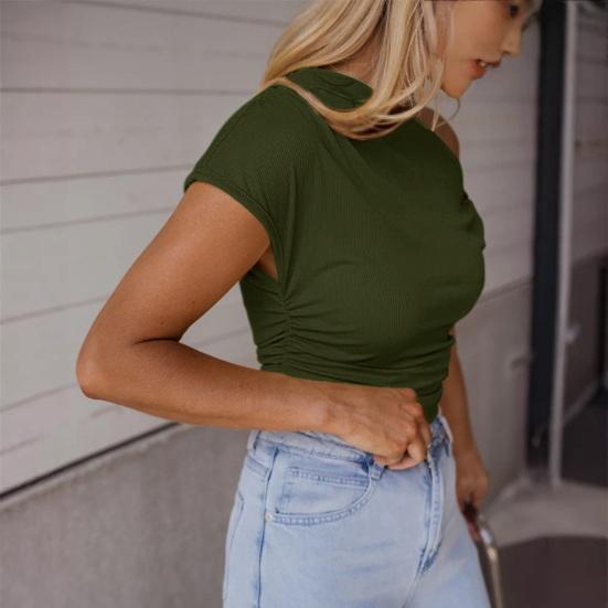 Women T-shirt Soft Stretchy Regular Fit Sloping Shoulder Short Sleeve Pullover Tops with Metal Design Party Vacation Casual Wear