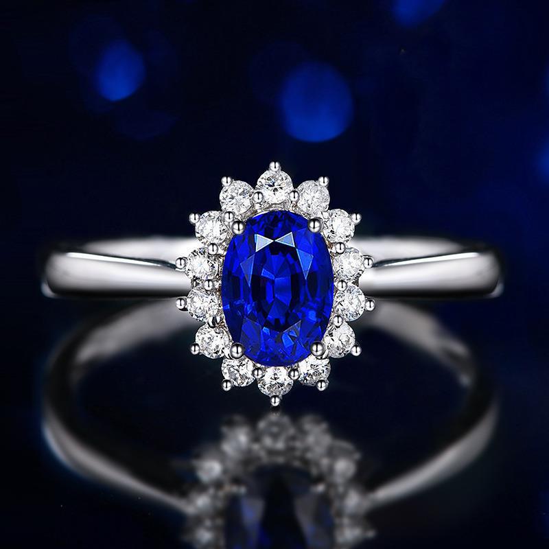 Royal Blue Sapphire Oval Engagement Ring with Sunflower Full-Zircon Setting for Women adjustable opening