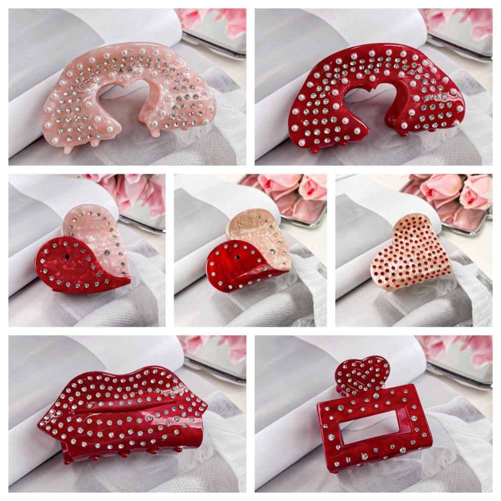 Acetic Acid Vermilion Lips Hair Claw Vintage Rhinestone Shark Clip Hollow Heart Hair Clip  Women