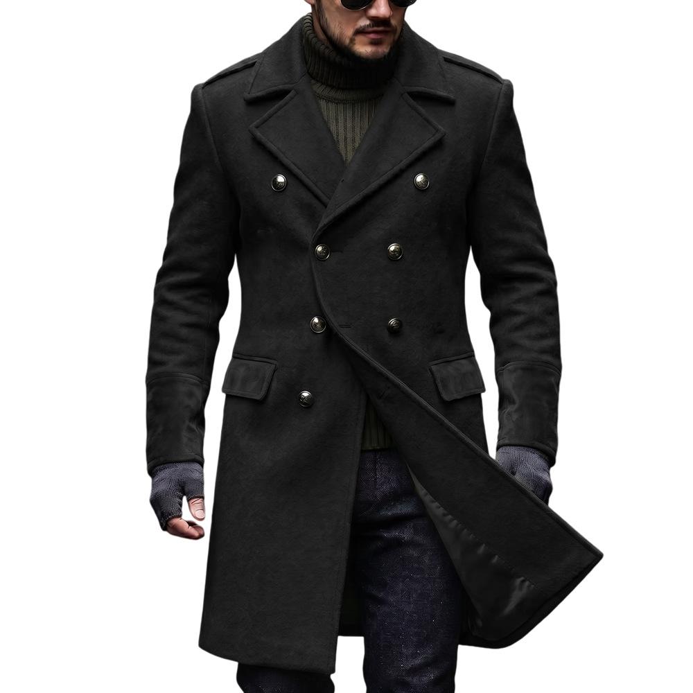 Autumn Winter Men Mid Long Woolen Overcoat England Style Double Breasted Lapel Business Casual Warm Solid Color Outerwear Men