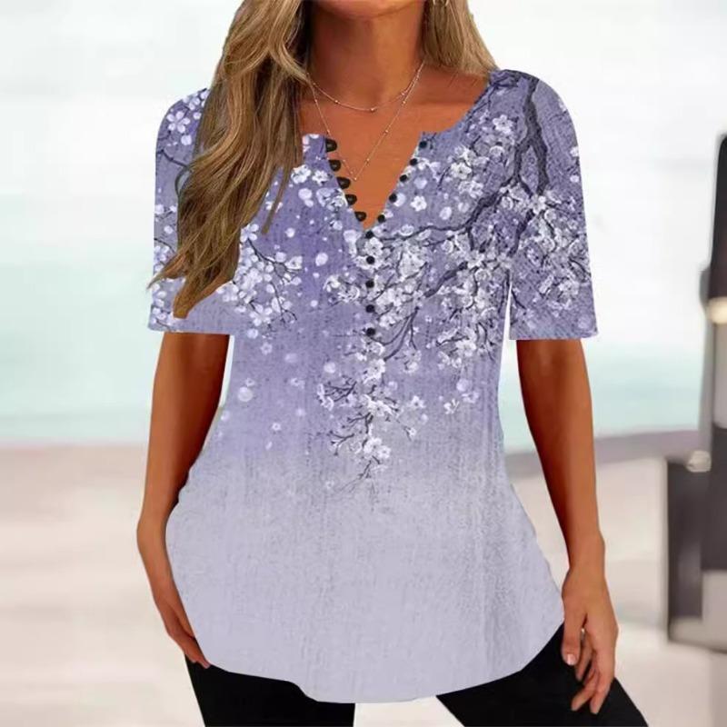 

Летняя свободная рубашка с V-образным вырезом и короткими рукавами, плиссированная, на пуговицах, для женщин Футболки женские XXXXL лаванды фиолетового