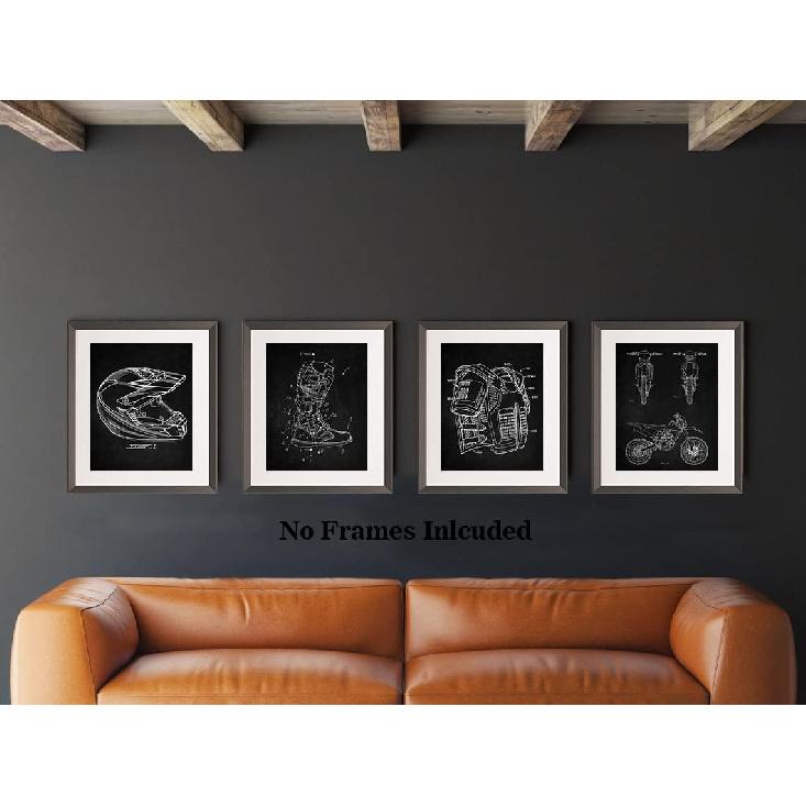 MOOXO Motorcycle Dirt Bike Patent Wall Art, Vintage Motocross Canvas Posters, Helmet Body Armor Motorbike Boots Art Prints for Man Cave Garage Home