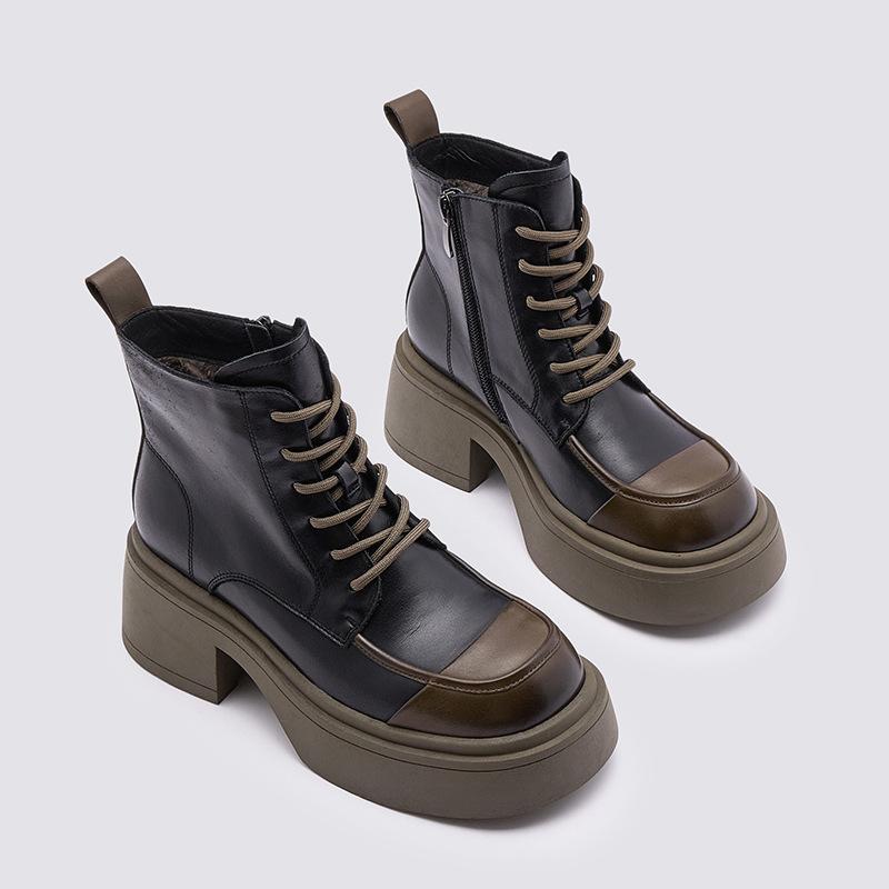 Leather Martin Boots Women's 2025 Autumn and Winter New Thick-soled Versatile Short Boots Fleece Warm Black Retro Boots Medium Tube