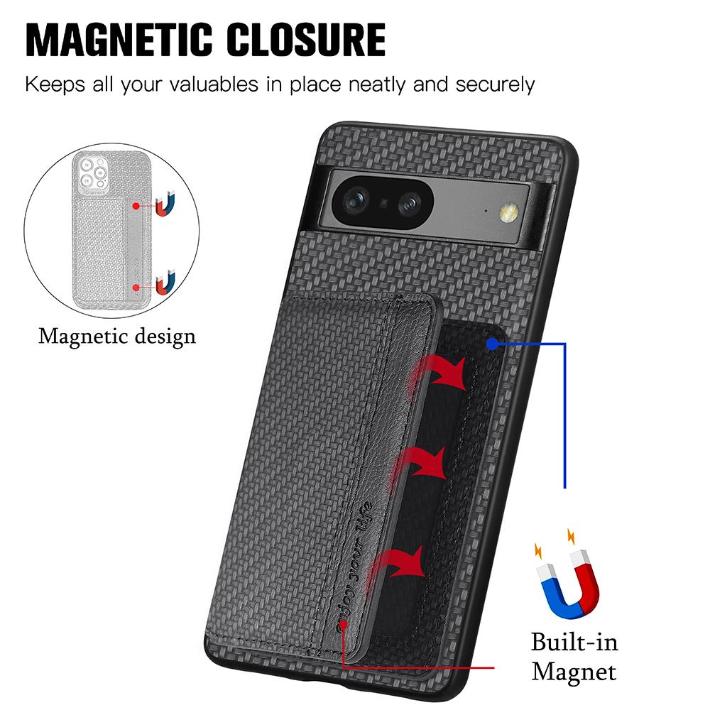 For Google Pixel 7a PU Leather Coated PC+TPU Magnetic Phone Cover Carbon Fiber Texture Shockproof Anti-sratch Phone Case Wallet Kickstand