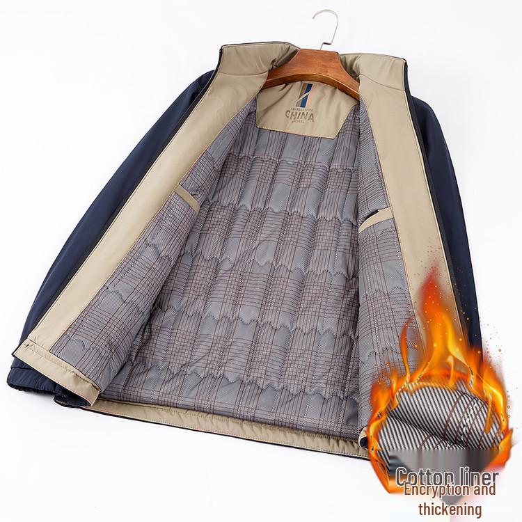 Men's Autumn/Winter Cotton Stand-up Collar Jacket - Business Casual, Solid Color, Thicken, Dad's Style