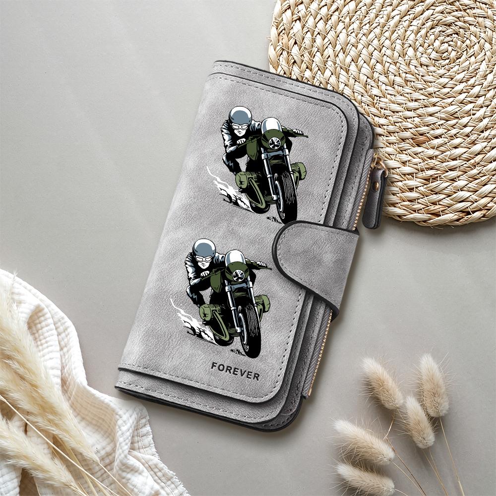 Biker Pattern Long Wallet Forever Printed Multi Slot Portable PU Leather Purse for Daily Use