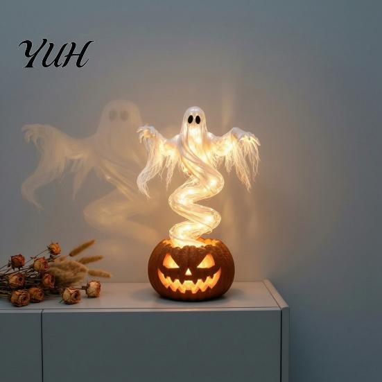 Decorative Night Lamps for Porch Ghost Pumpkin Yard Lamp, Halloween Resin Figurine with Warm LED Light, Creative Atmosphere Lights Spooky Swirling On