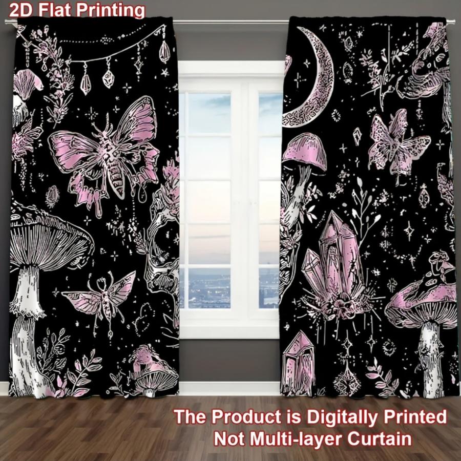 2PCS Digital Printed Curtains, Skull Pink Butterfly Moon Pattern, Dark Style Rod Pocket Drapes for Bedroom Living Room Decor