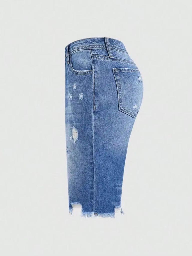Women's Fashion Distressed Denim Bermuda Shorts - Casual Rip-Finish Five-Point Style