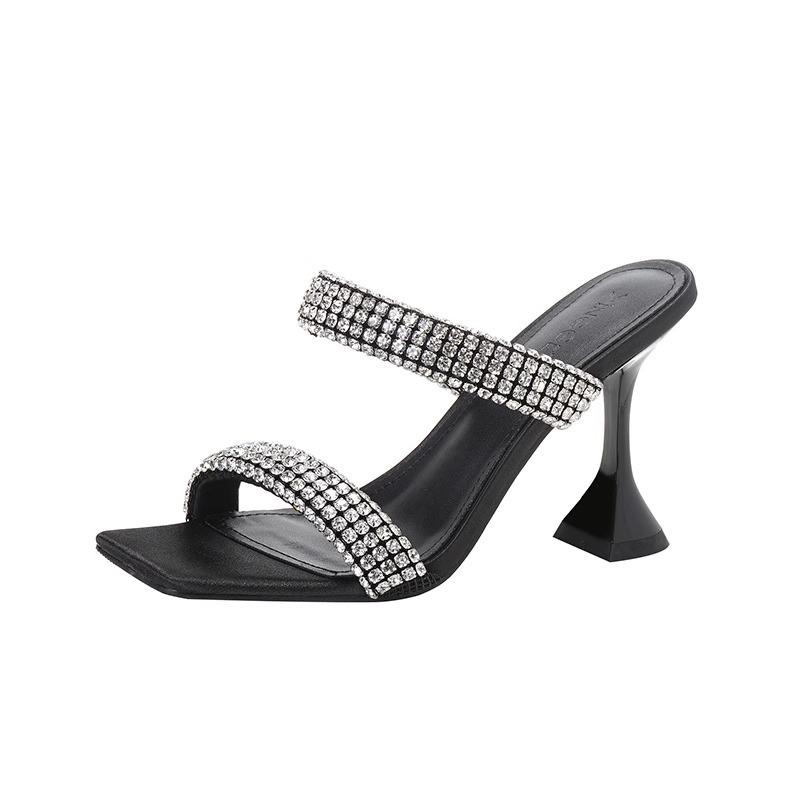 High-heeled Sandals 2025 New Summer French Internet Celebrity Cool Slippers Women Wear Square-heeled Rhinestone High Heels Women