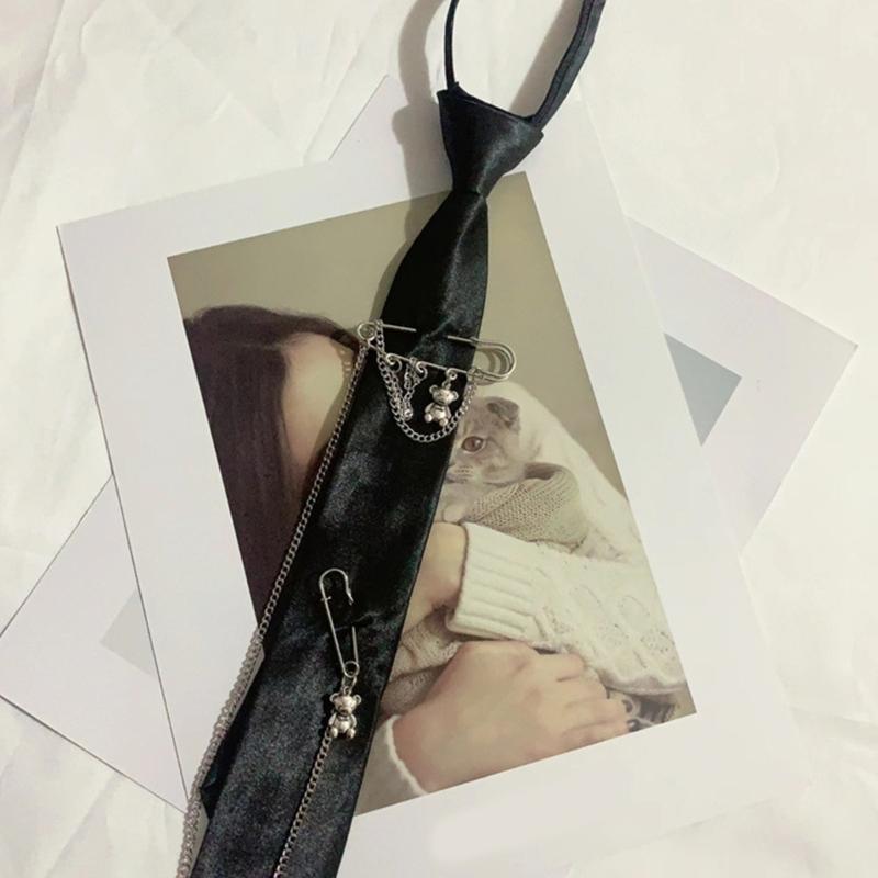 Jk Uniform Black Ties Metal Chain Bear Collar Japan Jk seifuku Cosplay Pre-tied Tie Schoolgirl JK Suit Neckwear