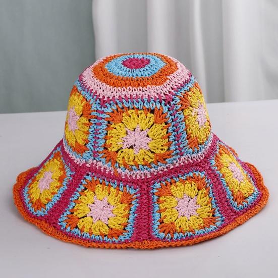 Fisherman Hat Floral Pattern Crochet Straw Sun Hat Anti-UV Sun Protection Foldable Packable