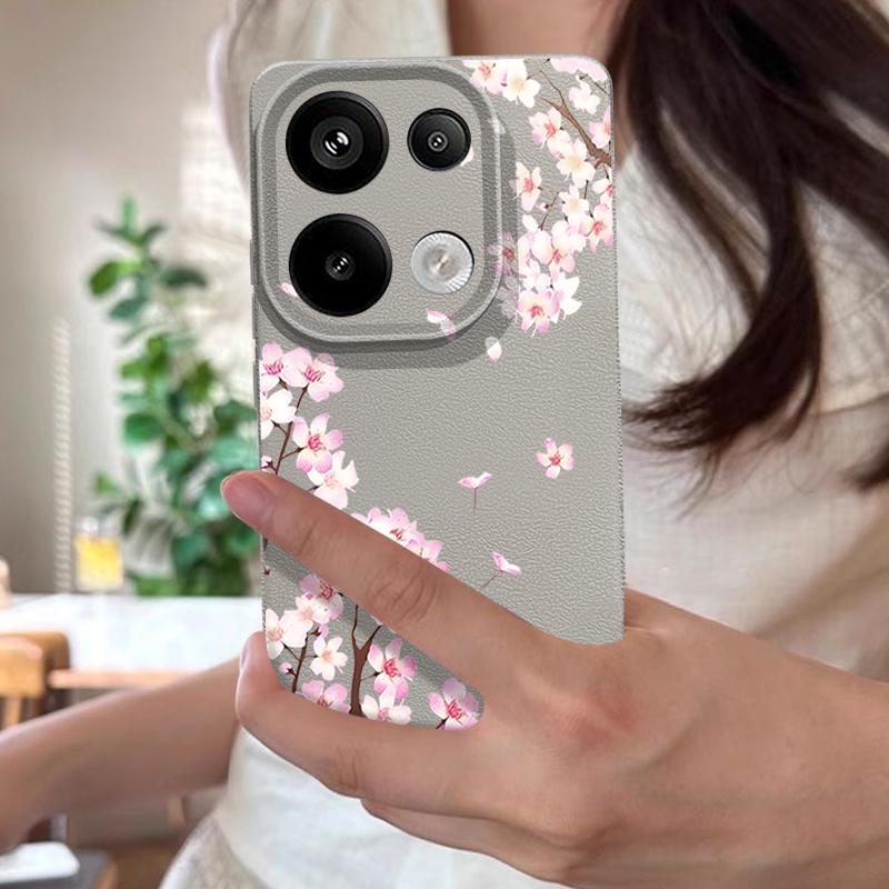 Rosa Pfirsichblüten Blumenmuster Hülle Für Xiaomi 14T 13T 11T Pro Funda Redmi Note 14 13 12 11 Pro 5G 4G Lederstruktur Silikonabdeckung