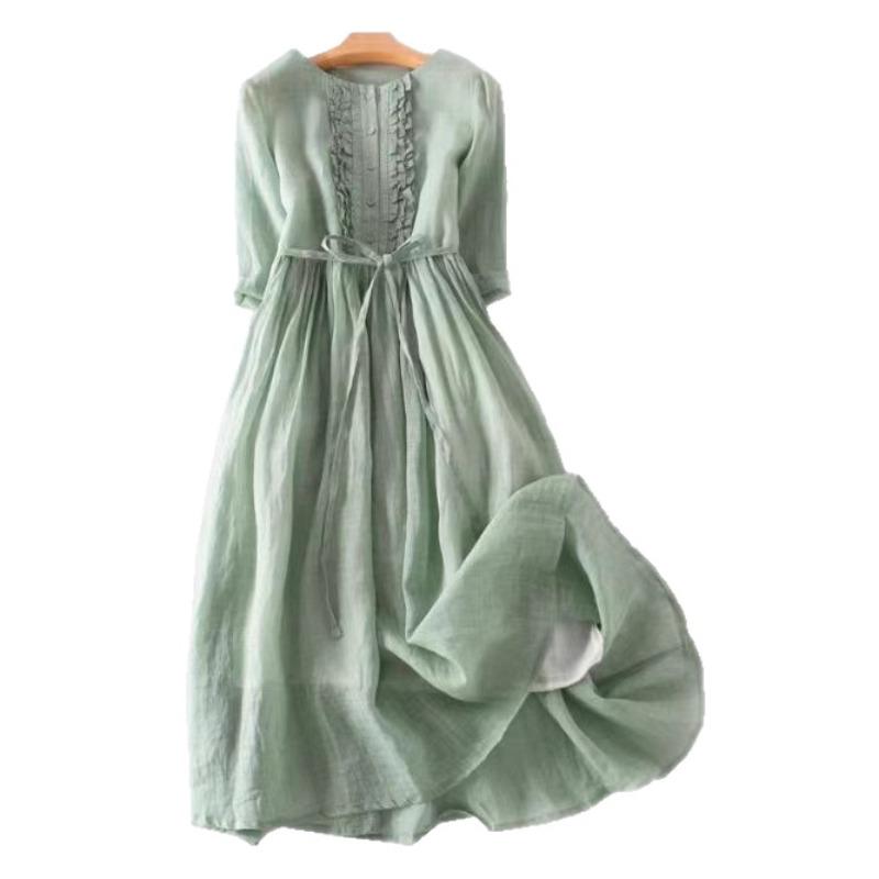 Women's clothing fungus edge lace-up waist medium and long travel dress summer casual dress new fashion trend