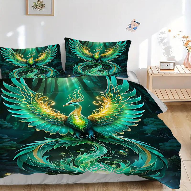 3pcs Enchanted Forest Phoenix Pattern Bedding Three-Piece Set (1 Cover + 2 Pillowcases, No Fillings), This Printed Bedding Set Is Soft and Comfor